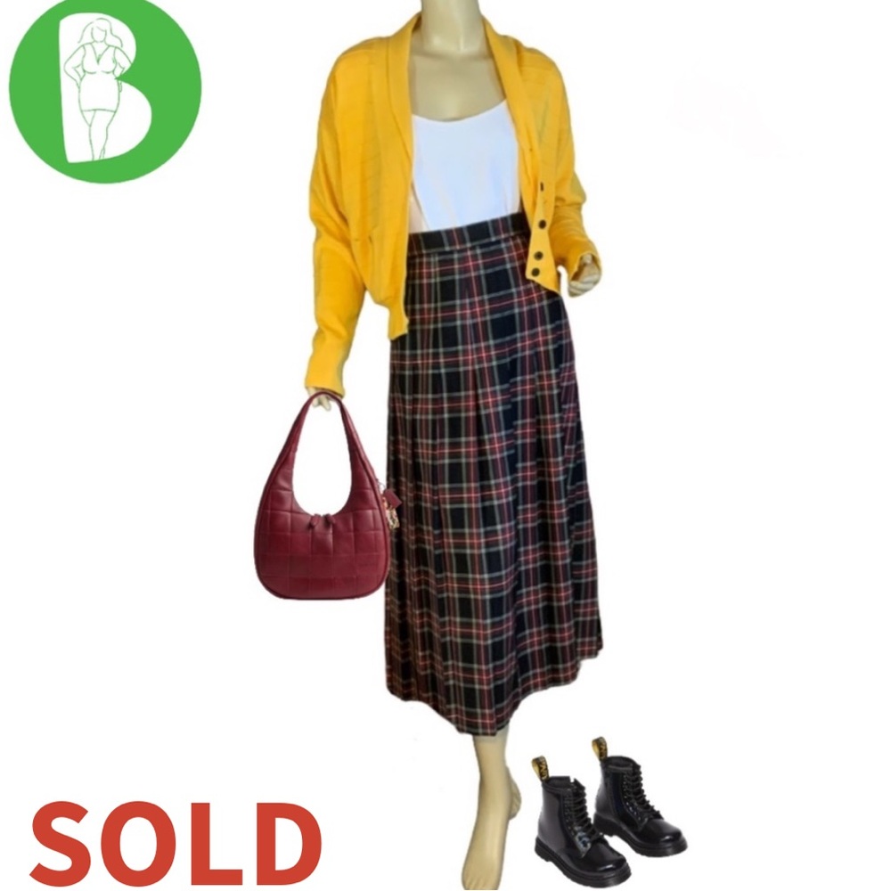 VINTAGE CIRCA 1980'S LGR BLACK, RED, YELLOW & GREEN PLAID WOOL SKIRT (16) - Picture 1 of 12